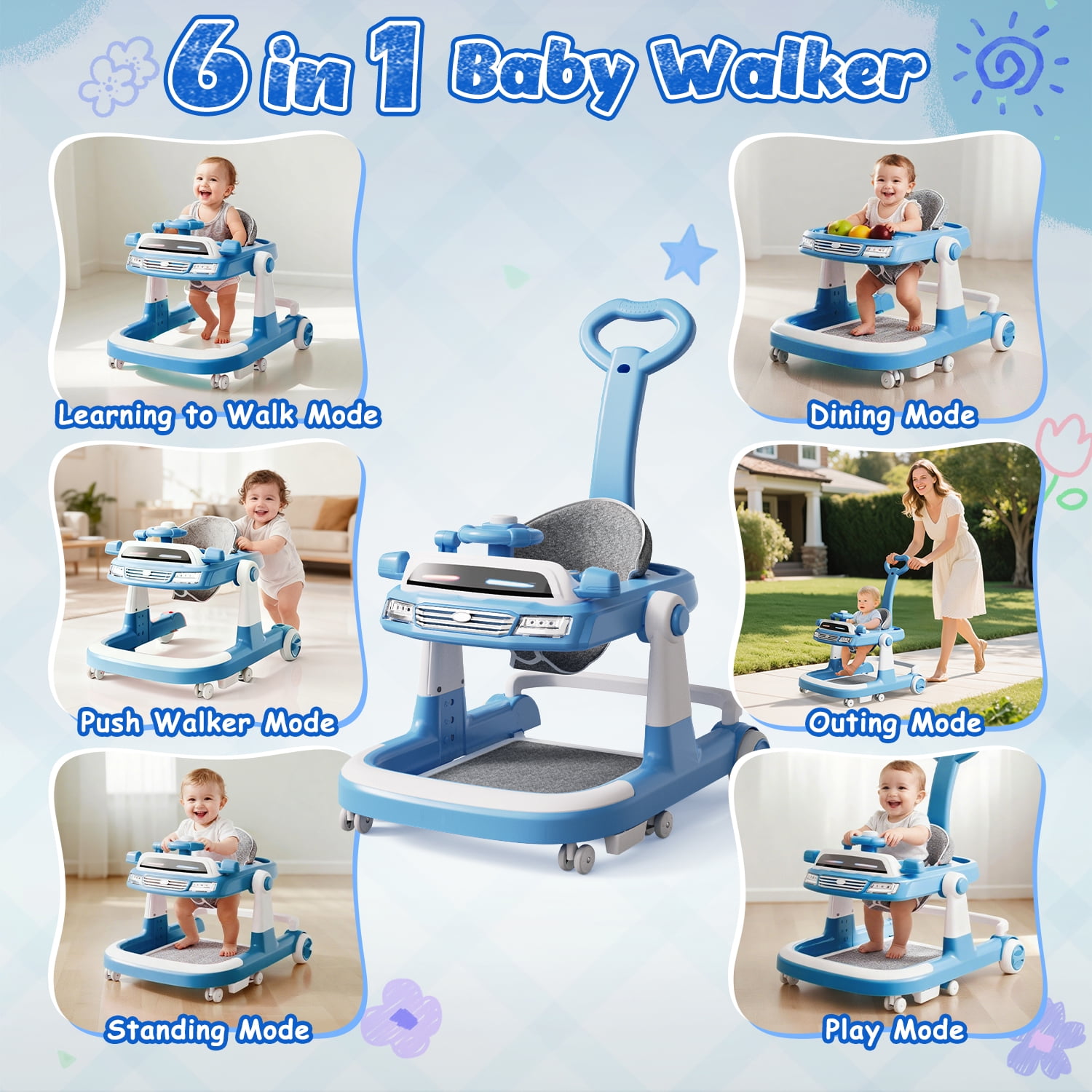 WonderStone 6 in 1 Baby Walker, Height-Adjustable Push Walker with Music & Light Toys, Baby Bouncer & Activity Center for Boys and Girls 6-18 Months (Blue)
