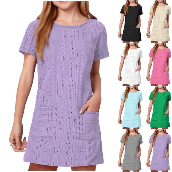 Miluxas Girls Summer Eyelet Dresses Crewneck Short Sleeve Mini Dresses Casual Loose Cute Beach Vacation Dress with Pockets White 14-15 Years