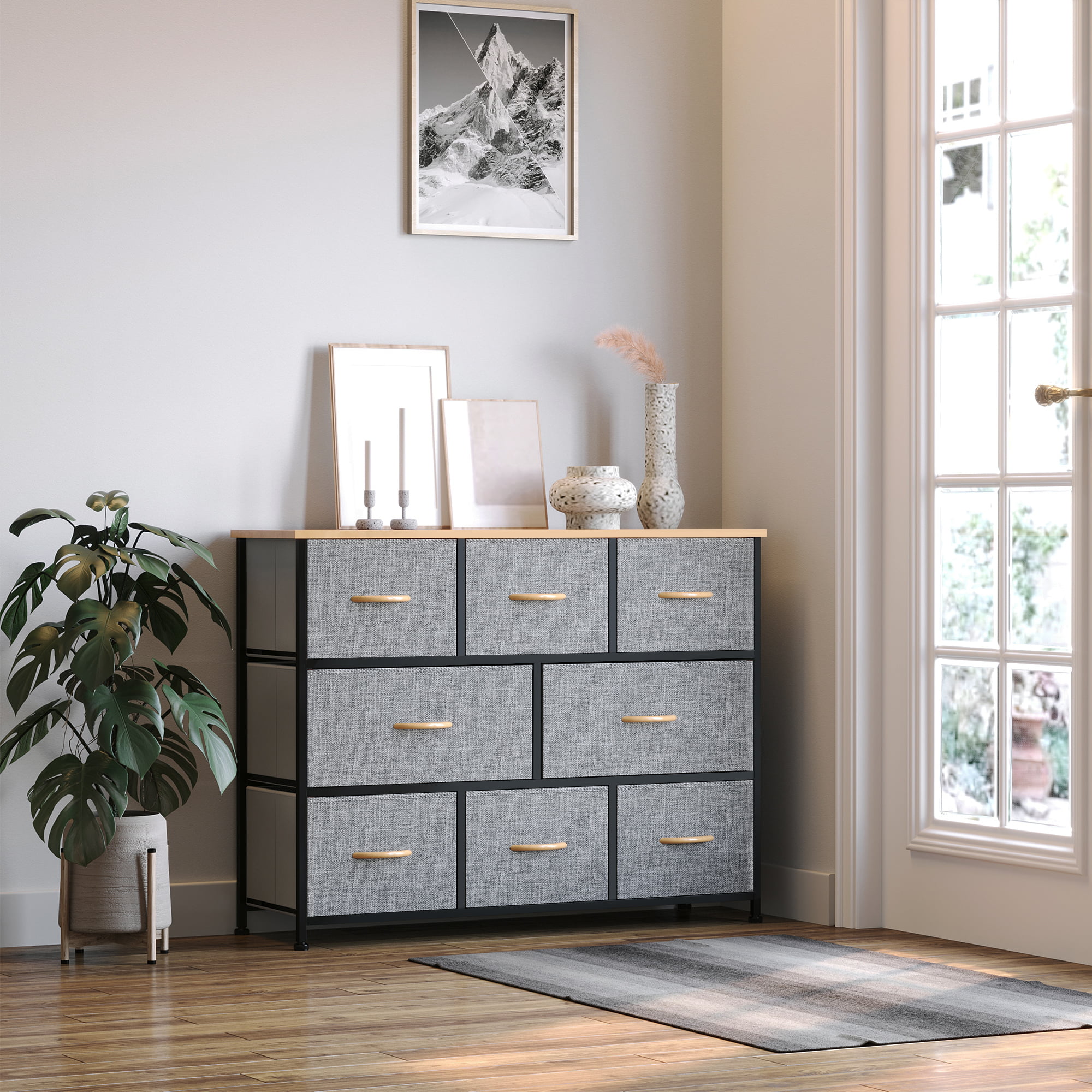 HOMCOM 7 Drawer Dresser Fabric Chest of Drawers 3 Tier Storage Organizer  for Bedroom Entryway Tower Unit with Steel Frame Wooden Top Light Grey
