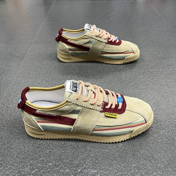 Men'S Low-Top Sneakers, with Non-Slip Grip - Autumn/Winter Casual  - Mustard Yellow & Burgundy colorblock design, Cushioned EVA Sole for Walking, Everyday & Formal Events - Lightweight Lace-Up Shoes