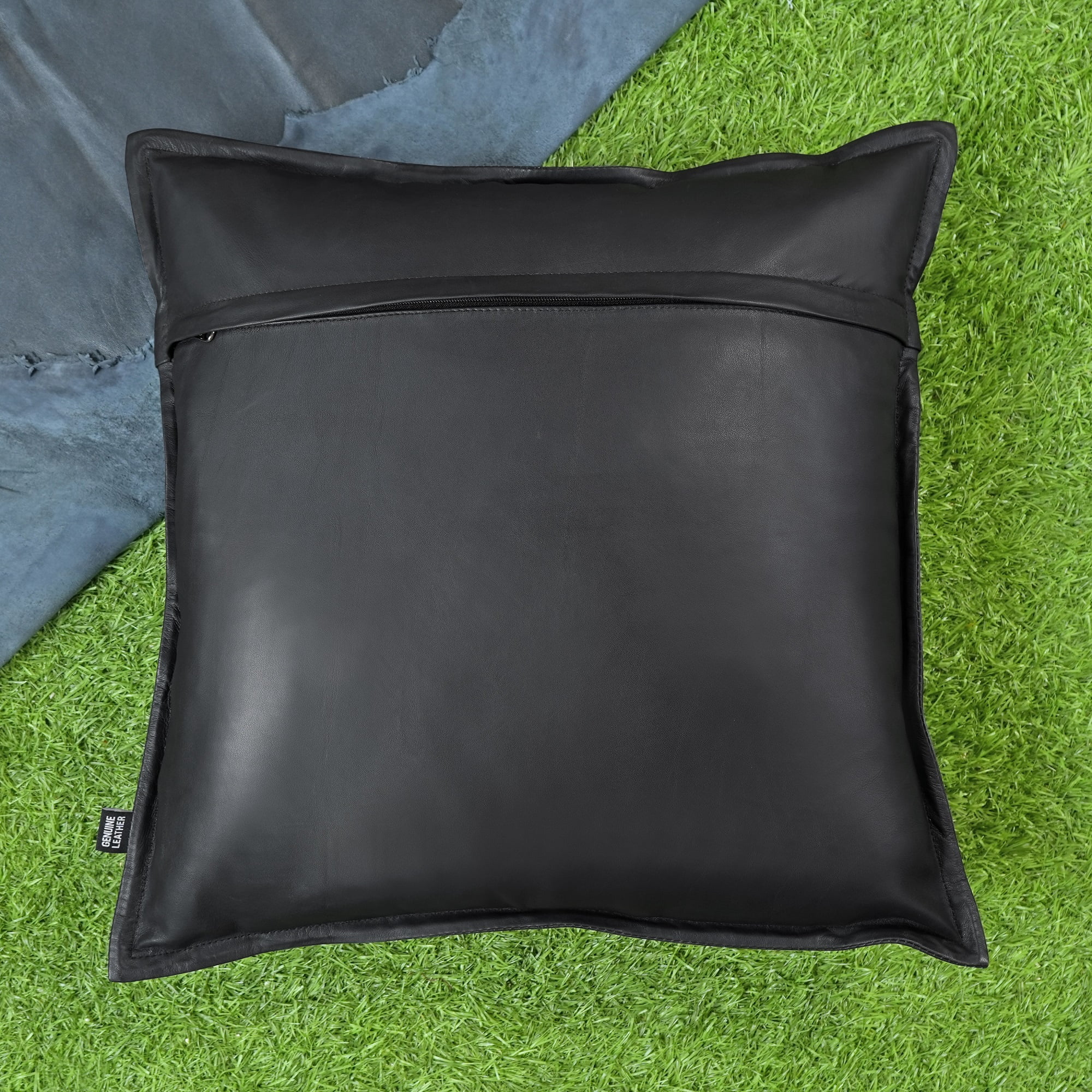 Lambskin Leather Pillow Cover, Sofa Cushion Case, Home Decor Style for Living Room & Bedroom, Black Box, 14x14