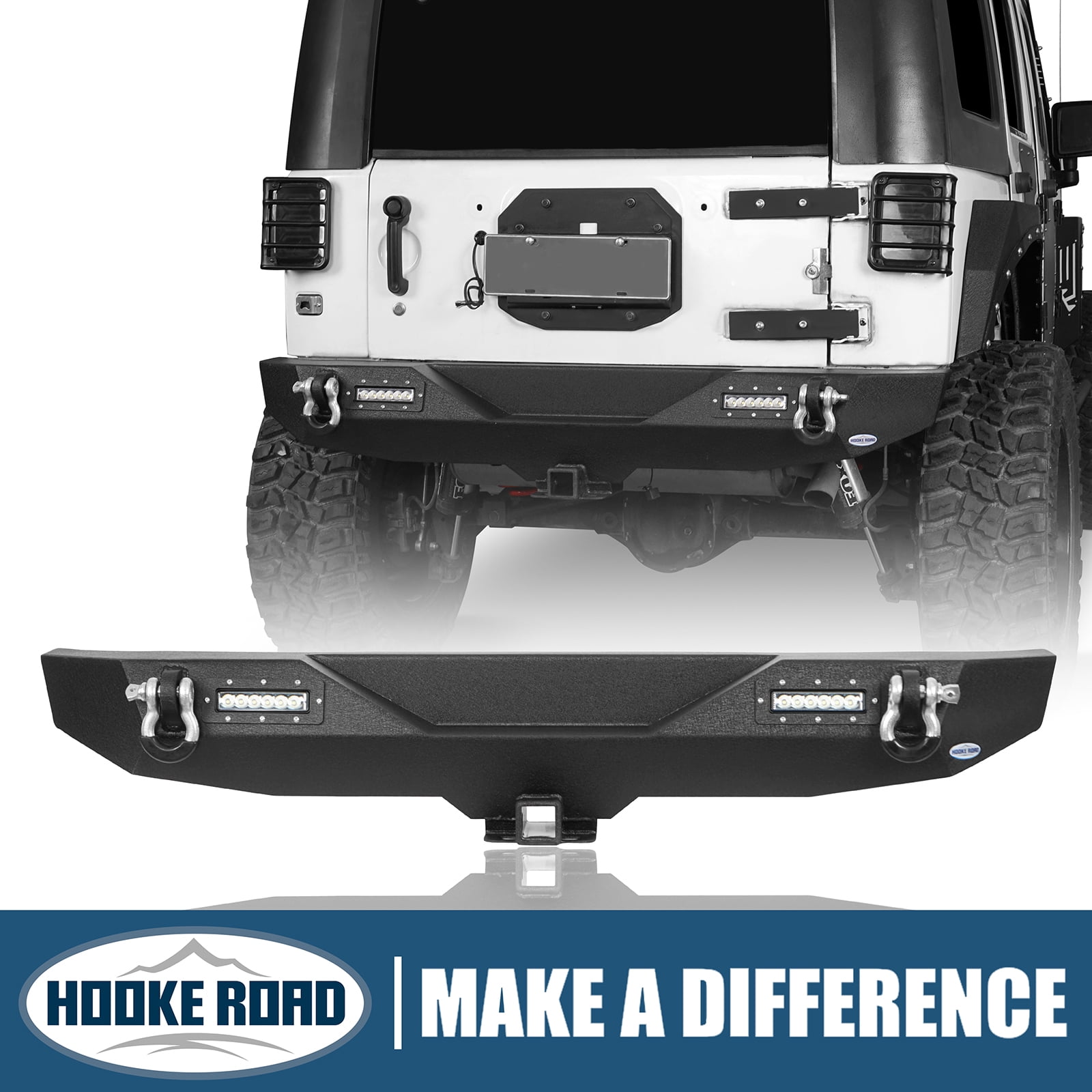 Hooke Road Fits 2007-2018 Jeep Wrangler JK Steel Black Rear Bumper & LED  Bright Light & D-Rings 