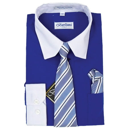 Berlioni Italy Toddlers Boys Kids Long Sleeve Dress Shirt Set With Tie & Hanky Two Tone