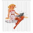 thumbnail image 3 of Pin up Girl Shower Curtain, Blonde Short Haired Pin Up Girl Red White Polka Dotted Long Dress and Laptop, Fabric Bathroom Set with Hooks, 69W X 70L Inches, Multicolor, by Ambesonne, 3 of 3
