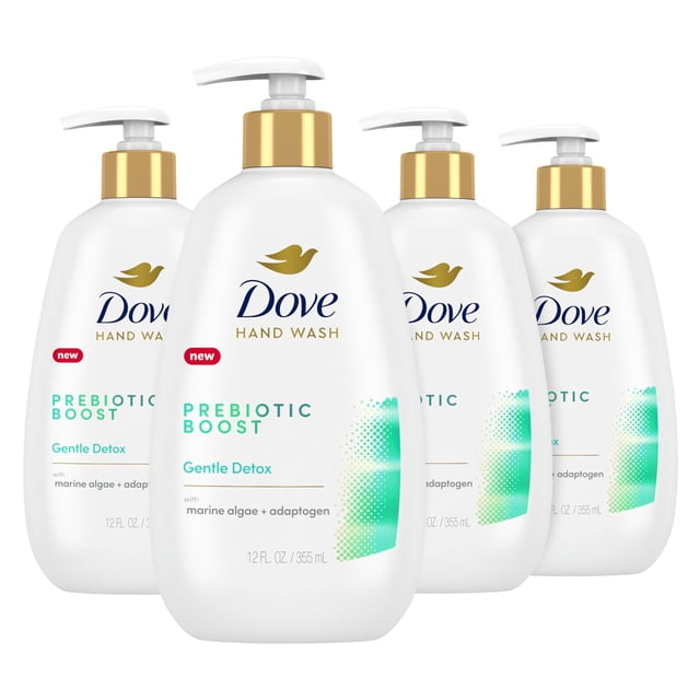Dove Prebiotic Boost Hand Wash Gentle Detox 4 Count for Lasting Softness, with Marine Algae & Adaptogen, 12 oz