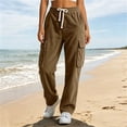 thumbnail image 4 of Women's Corduroy Cargo Straight Leg Pants, Breathable Lightweight Elastic Drawstring Waist Full Length Casual Trousers with Pockets for Office Work Home Casual | TruBelle,Khaki S, 4 of 6
