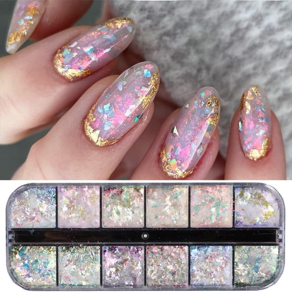 RAGUPEL Holographic Opal Nail Art Glitter Flakes Powder Aurora Iridescent Pigment Ice Crystal Mermaid Paillettes Sparkly Sequins Design for Manicure Decoration Accessories 12 Grids
