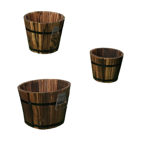 Mobutofu 3Pcs Wooden Barrel Planter Flower Pot Brown For Home Decor 18.5x18.5x15in