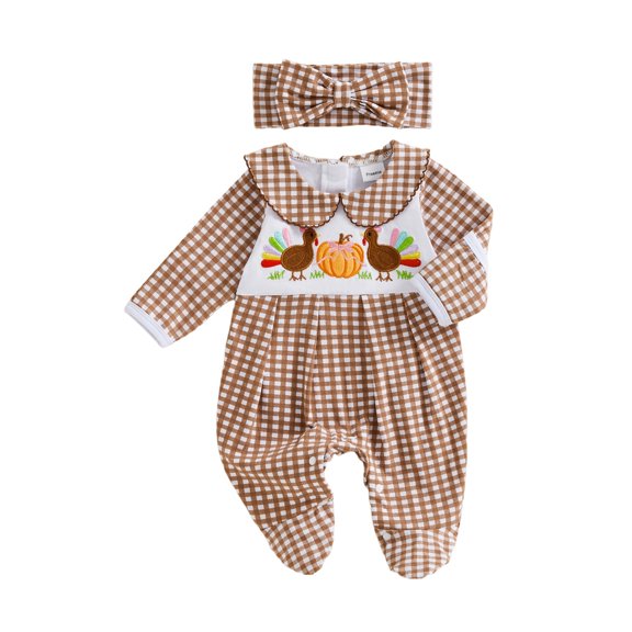 Cjfdfy Newborn Baby Girls Thanksgiving Turkey Outfits Pumpkin Turkey Embroidery Long Sleeve Plaid Footed Romper Headband My First Thanksgiving Fall Winter Outfit Little Turkey Clothes