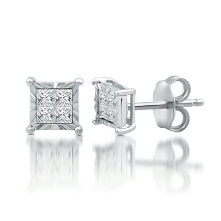 10KT White Gold 1/4 CTTW Invisible Set Princess Cut Diamond Earrings
