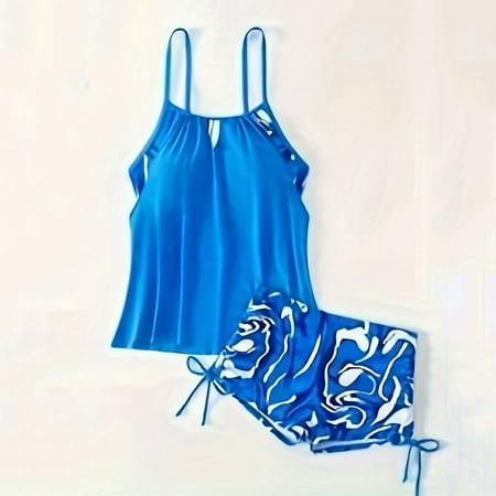 UPPADA Women s Tankini Sets Two Piece Swimsuit V Neck Sleeveless Straps Swimwear Tummy Control Push Up Bra Bathing Suit Cute Summer Swimdress with Brief Clearance Blue L