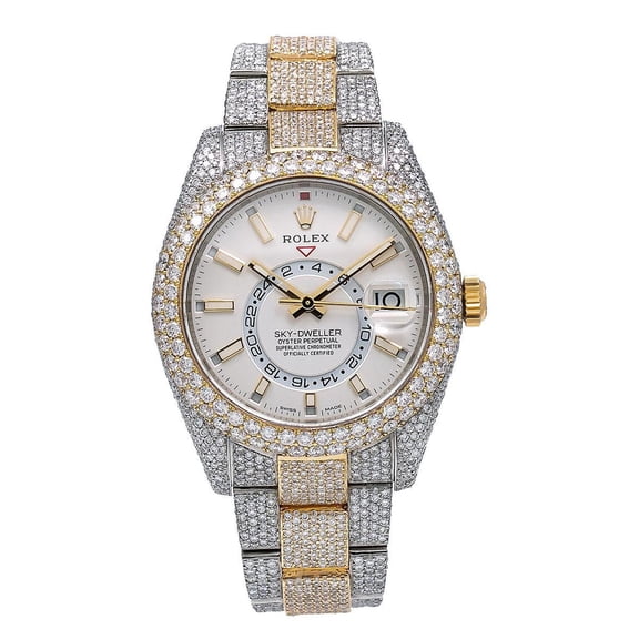 Pre-Owned Rolex Sky-Dweller 42MM 326933 White Dial Diamond Bezel Two Tone Yellow Gold Full Diamond Oyster Bracelet