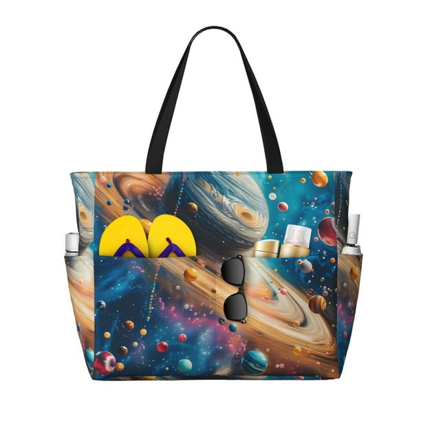 Fotbe Colorful Planet Universe Bolsa de Viaje para Playa - Resistente al Agua, Bolsa Tote de Gran Capacidad y Ligera con 7 Bolsillos para Mujeres y Hombres