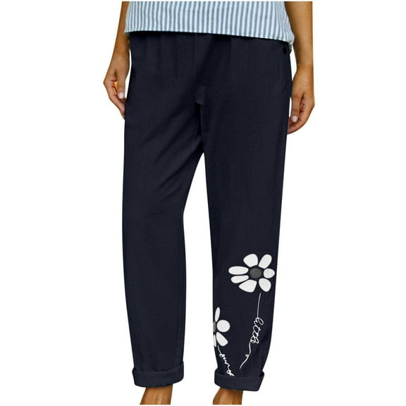 Jewelreauty Linen Pants Women Summer Casual Elastic Waist Straight Leg Floral Print Pants with Pockets