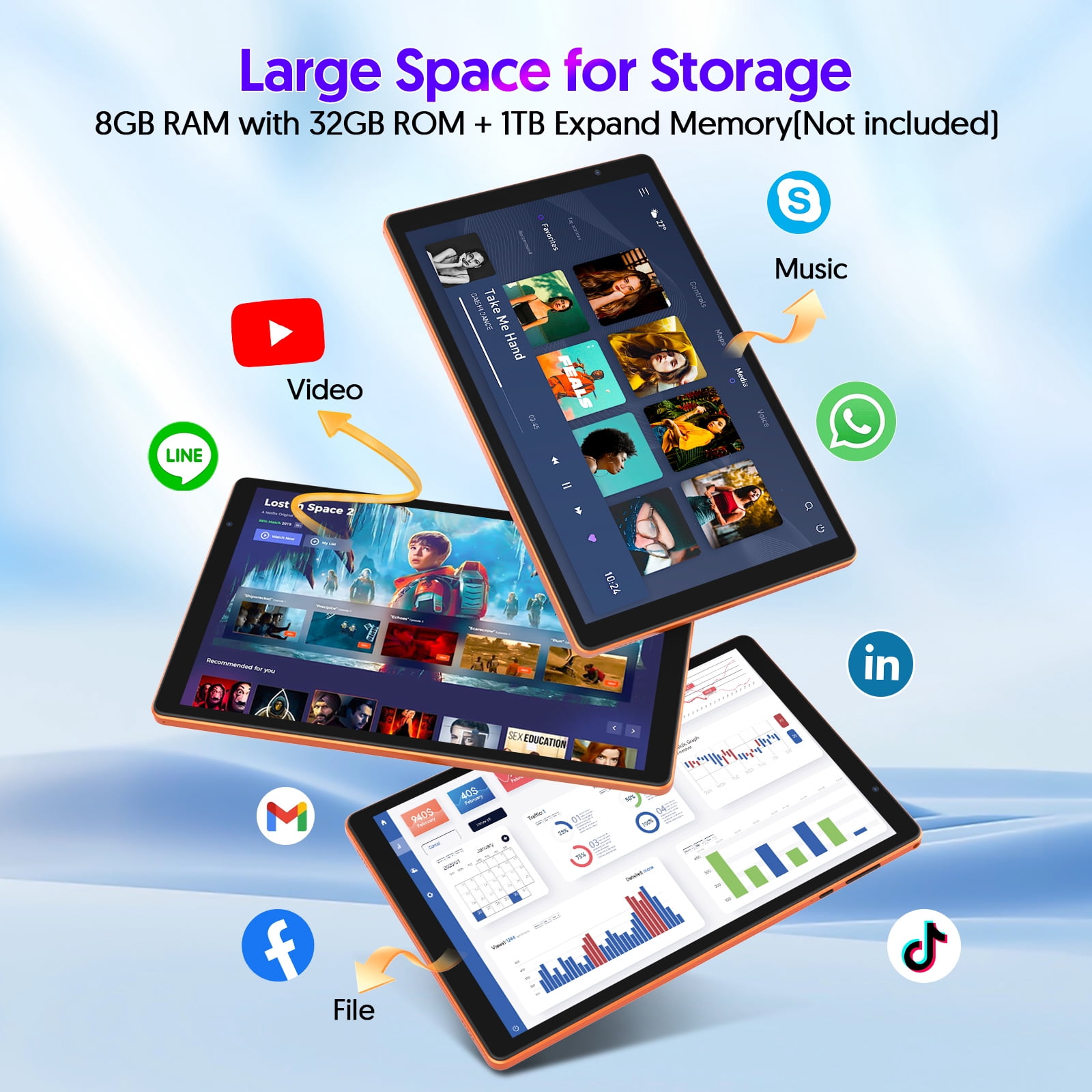 Android 16 Tablet, 10.1 inch, Five-core CPU, RAM 3GB, ROM 32GB (Up to 1TB), 800x1280 IPS, 5G WiFi 6, 2MP+2MP, 6000mAh-Orange