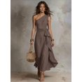 thumbnail image 3 of Womens Mocha Brown One Shoulder Sleeveless Ruffle Maxi Dress, 3 of 6