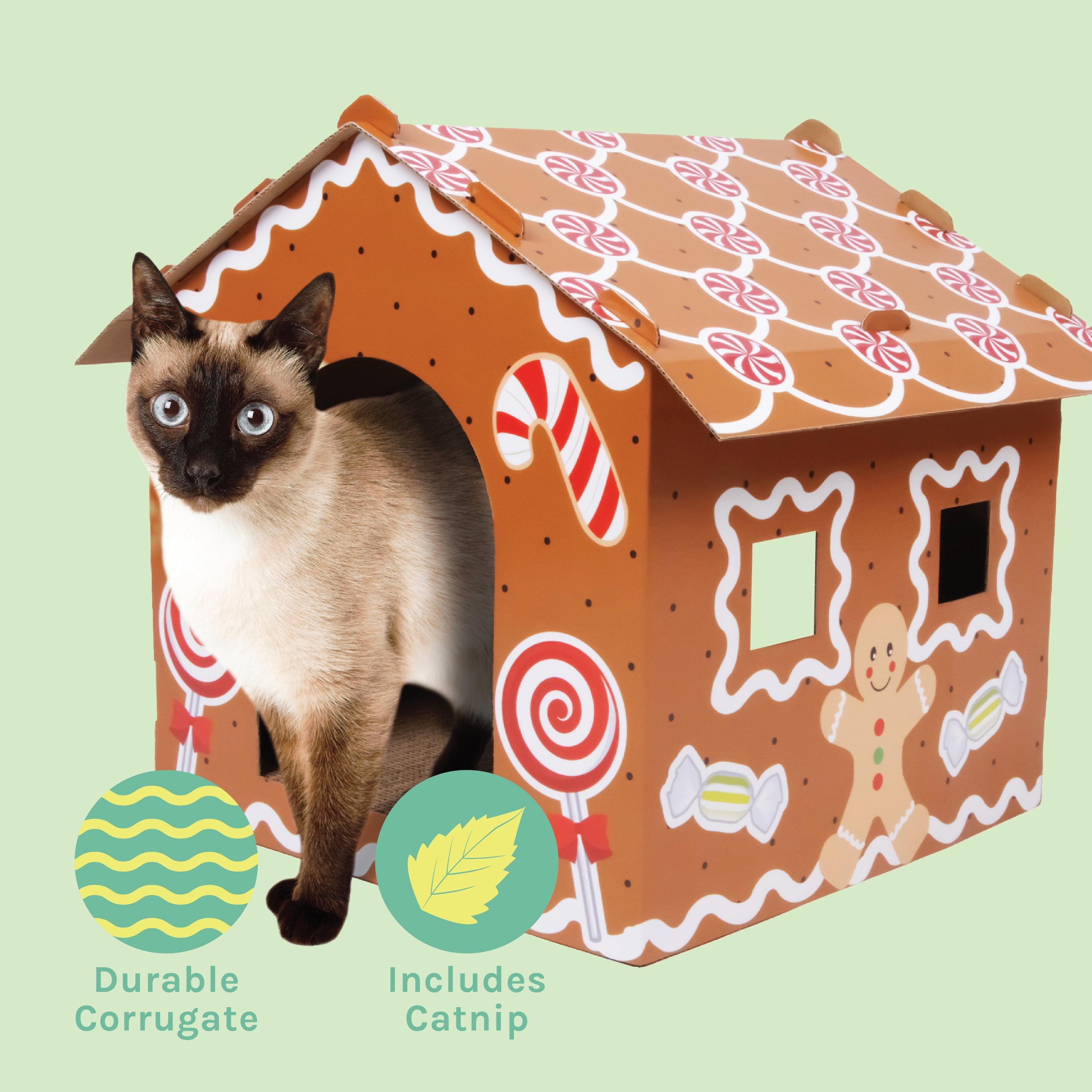 Kitty City Christmas Gingerbread Cardboard Cat House with Corrugate Scratching Pad, Brown, One Size