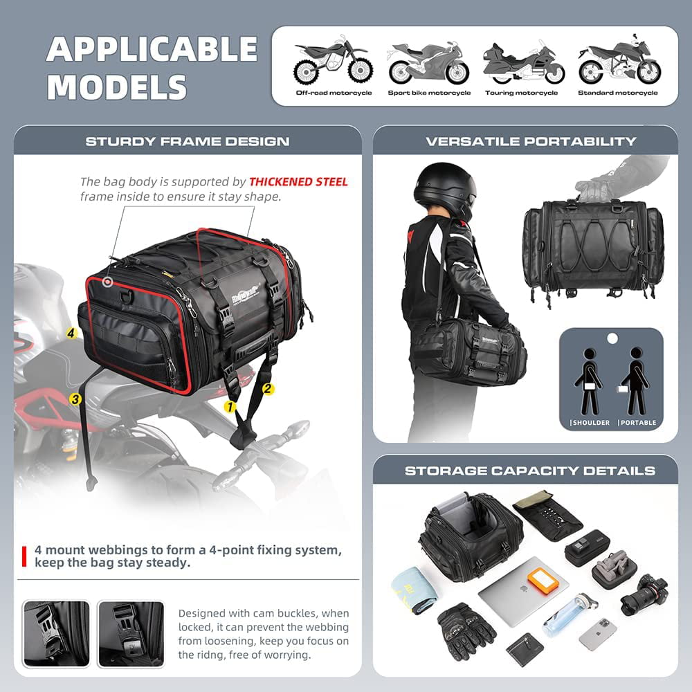 Rhinowalk Motorcycle Saddle Bags Motor Expandable Cargo Bag Powersports Rack  Bag Trunk Luggage Bag 35L-50L, Black 