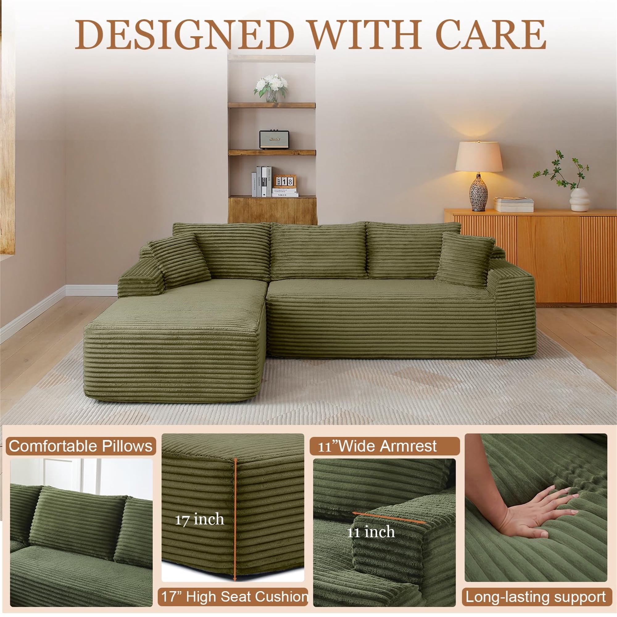 Aukfa 105" Cloud Sectional Sofa Boneless Couch Modular Sofa Bed for Living Room, 2Pillows, Left Chiase, Corduroy, Green