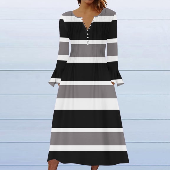 Wancir Women Long Sleeve V-Neck Casual Long Dress Pleated Waist Maxi Dresses with Pockets