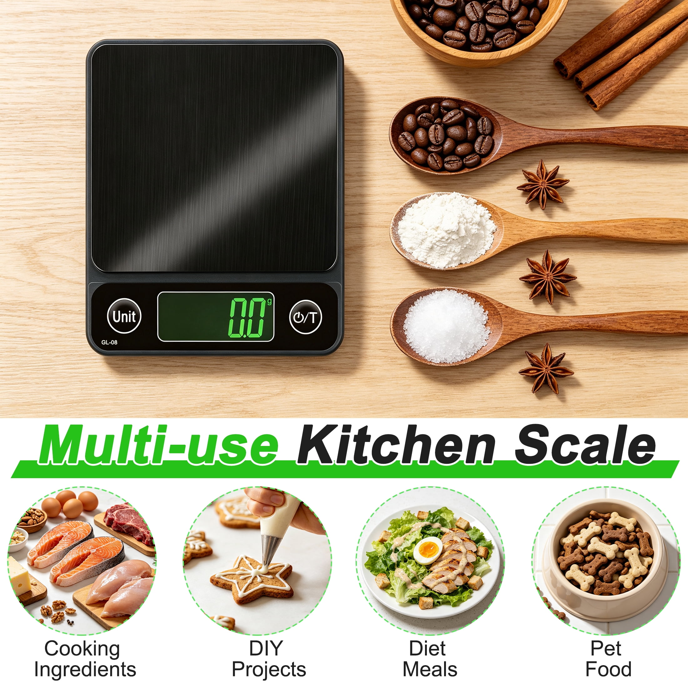 GARITIN 0.1g High Precision Digital Food Scale, Stainless Steel Kitchen Scale with LCD Display, Tare Function 7 Units Conversion for Baking Diet Pet Food