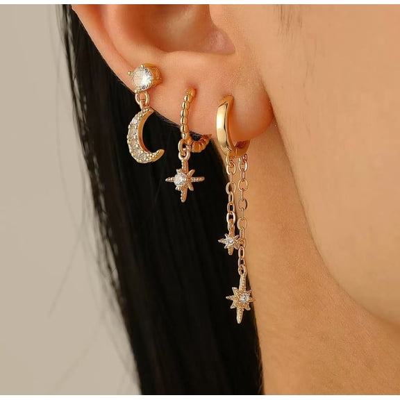 SUETOR 18K Gold-Plated Star Moon Star of David Tassel Earrings 3-Piece Set for Women & Men, Zircon Celestial Drop Earrings, Hypoallergenic Unisex Fashion Jewelry Gift Set