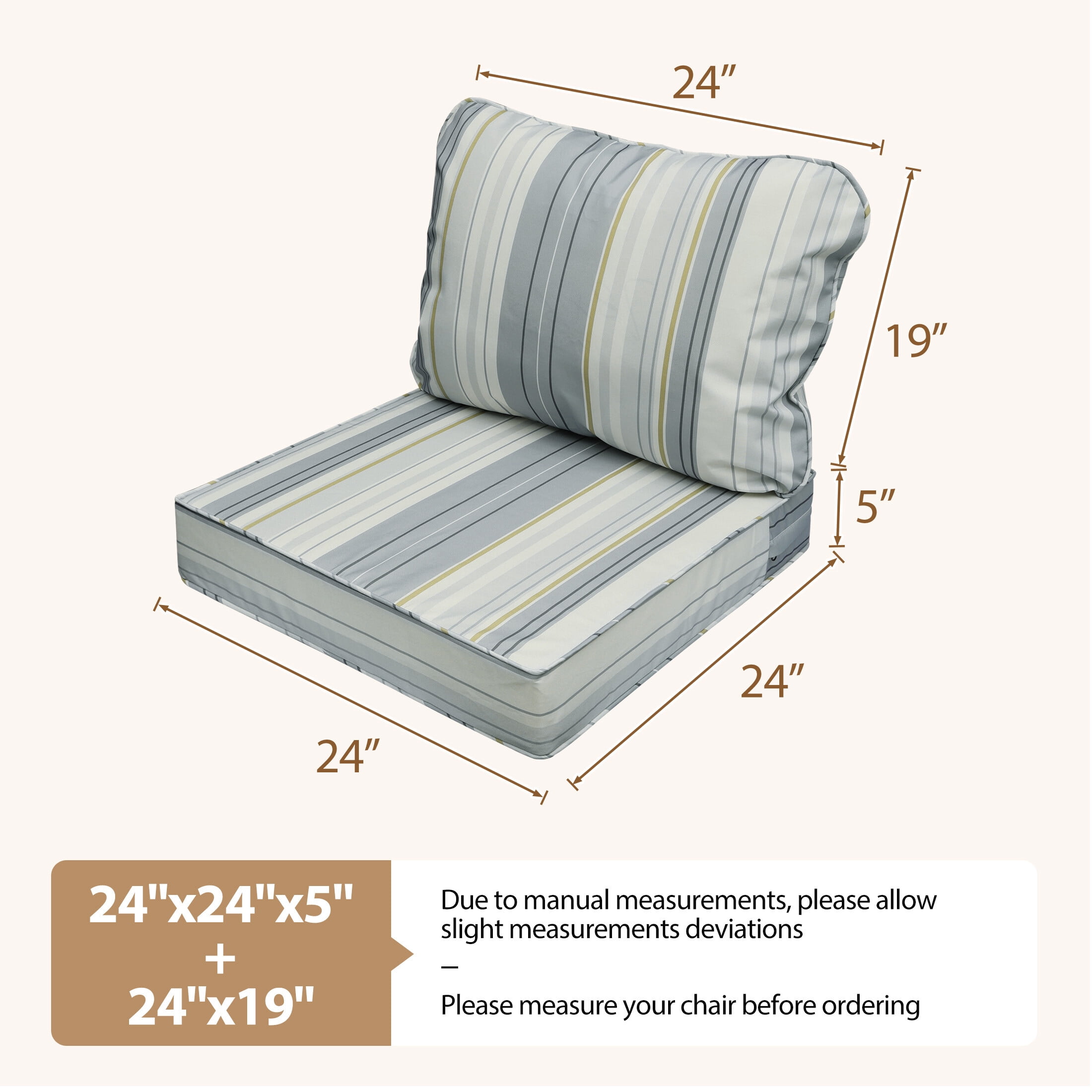 24 x 24 Waterproof Outdoor Deep Seat Cushion for Patio Furniture Cushion Replacement, Set of 4, Gray Stripes