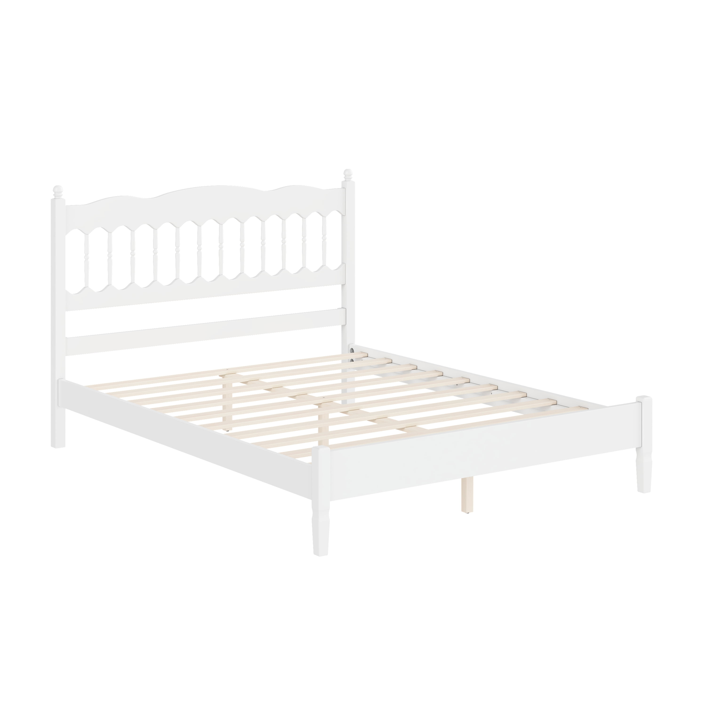 Mintazer Farmhouse Queen Platform Bed with Spindle Headboard, Vintage Arched Slat Platform Bed Frame for Bedroom, No Box Spring Required, White