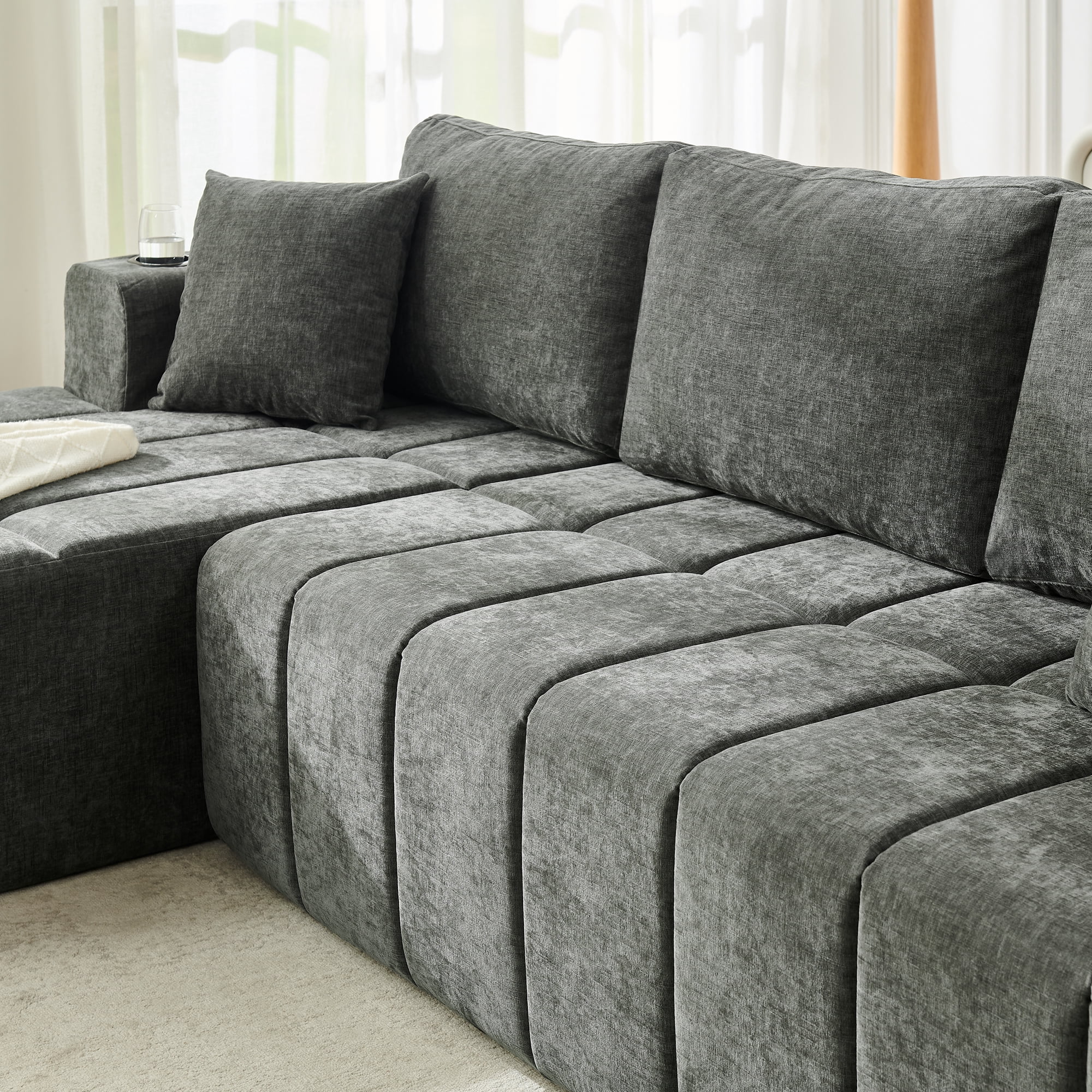 Leumius 108" L-Shaped Sectional Sofa,Chenille Boneless Couch, Modern 3-Seat Upholstered Cloud Couch Sectional with Deep Seat and Cup Holders for Living Room,No Assembly Required,Dark Gray