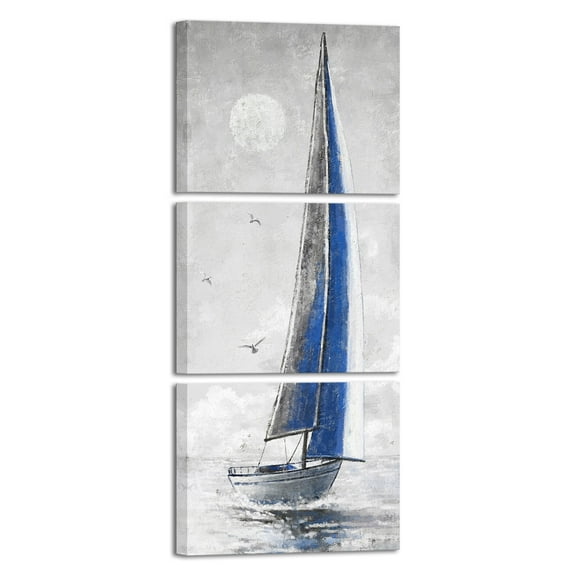 Sea Sailboat Canvas Wall Art Abstract Ocean Pictures Nautical White Sailboats Painting Prints Seascape Artwork Large Wall Decorations for Living Room Bedroom Home Office