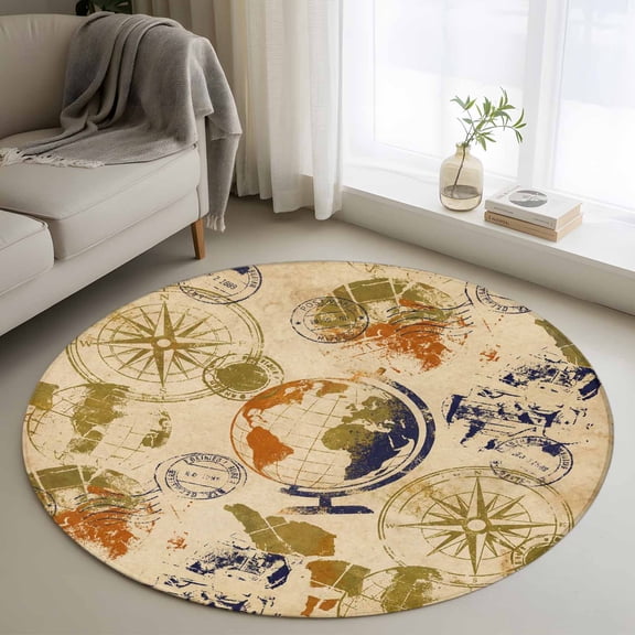 Vintage Globe Round Area Rug 3.3Ft Washable Circle Rugs for Dining Room Table, Abstract Travel Adventure Compass Non-Slip Carpet Floor Mats Indoor Outdoor Carpet Runner Aesthetic Home Decor