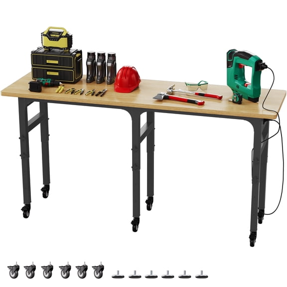 Haverchair 83" Adjustable Workbench, Work Benches for Garage with Pegboard, 3000 LBS Heavy Duty Rubber Wood Tabletop with Power Outlet, Rolling Work Table with Wheels for Workshop, Office