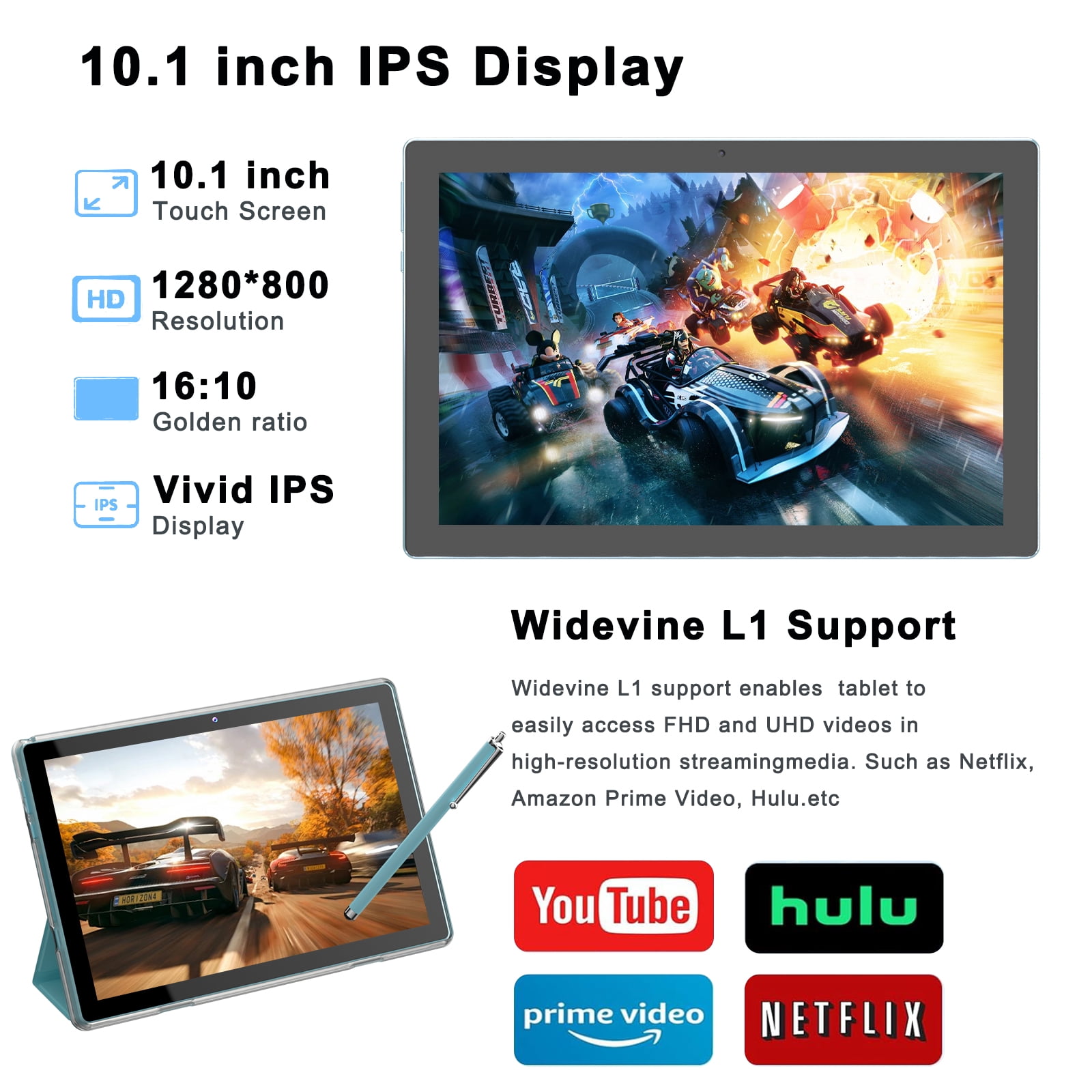 Peicheng 10" Android 15 Tablet, 10(4+6Expand)GB RAM+64GB ROM Tablet Kit with Protective Case/Stylus, 2+8MP Dual Camera, 6000mAh Battery (1set, Silvery-blue)