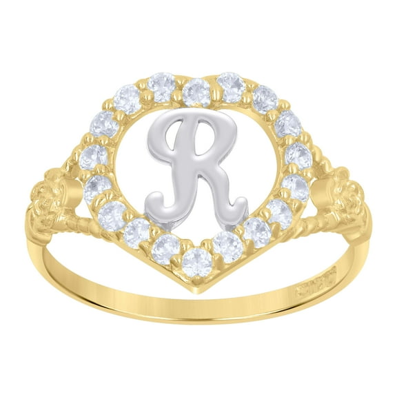 10k Two-Tone Gold Womens Cubic Zirconia Polished Finish Heart Shape Letter R Initial Ring