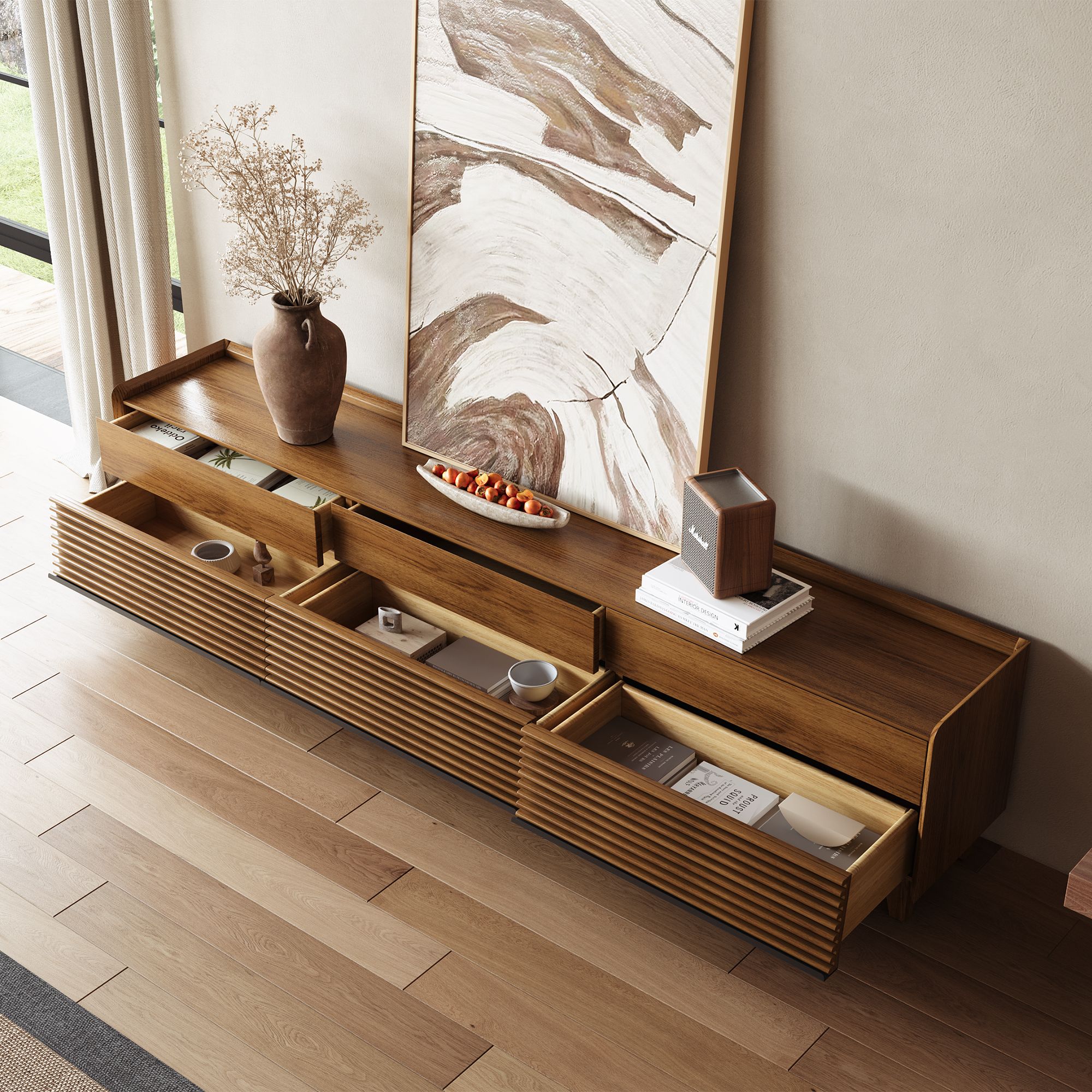 POVISON-94.49" Mid-Century Matte Sintered Stone Tabletop TV Stand, Modern Entertainment Center, Walnut Color Cabinet with Adjustable Light, Fully-Assembled, Perfect for 85-inch TVs