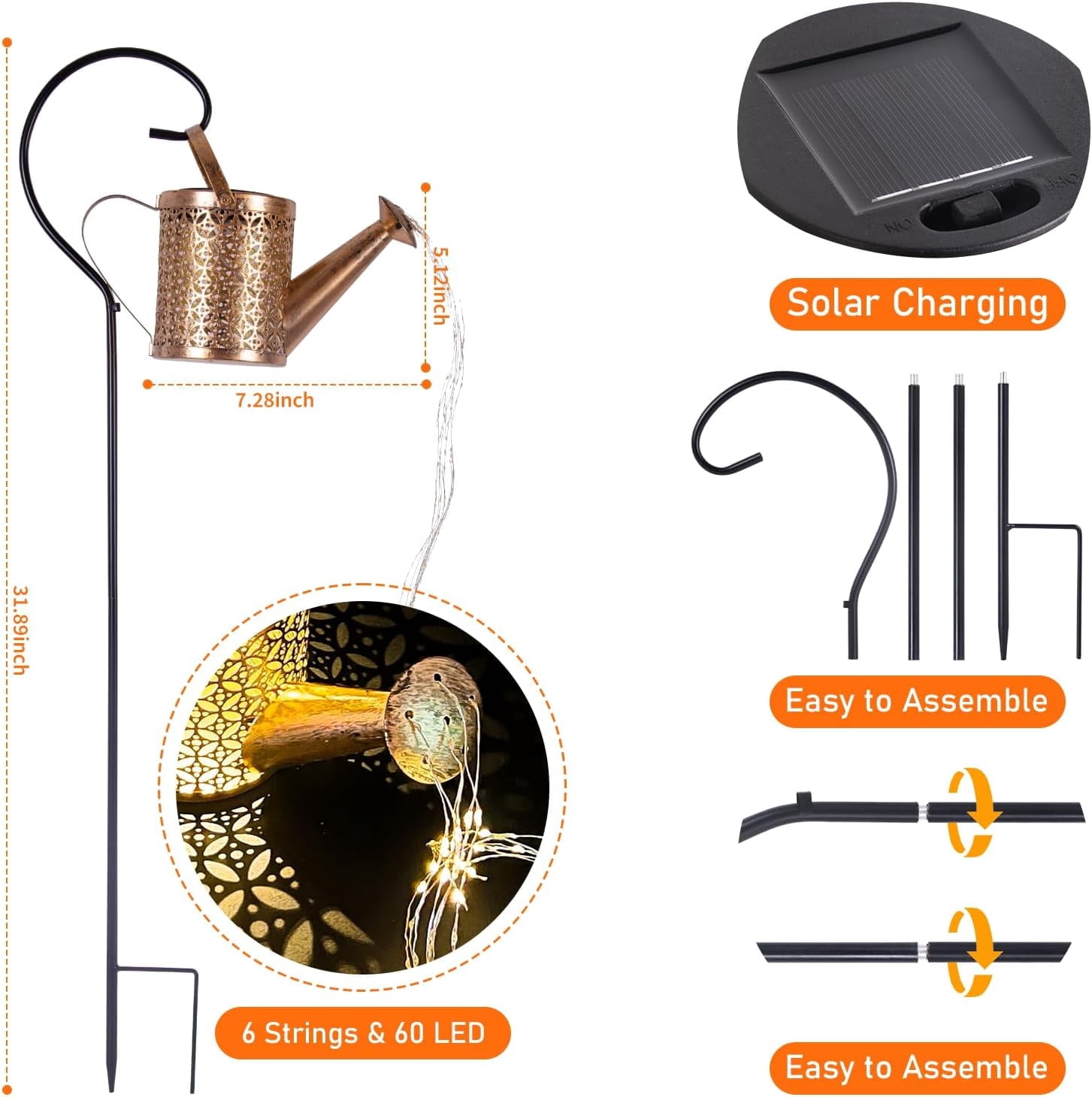 Solar Kettle Shower Lamp, Wrought Iron Outdoor Garden Light with Warm White LED String Lights, Watering Can Design Solar Powered Decorative Light for Patio, Yard and Party