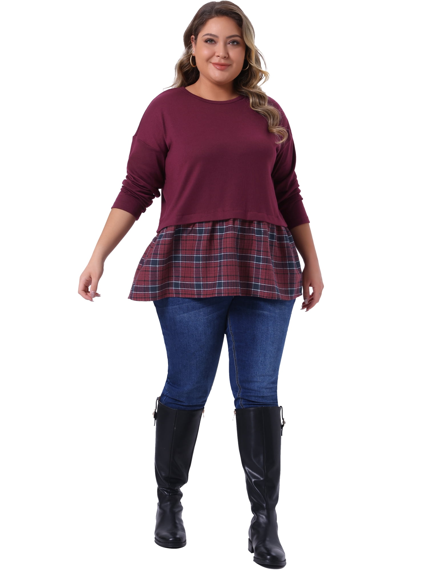 DARING DIVA Women's Plus Long Sleeve T Shirt Tops Patchwork Blouse 1X Burgundy