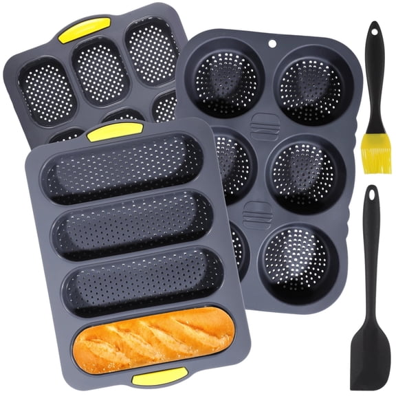 5 Pcs Silicone Hamburger Bun & Baguette Pan Set – 6-Cup Mold Baking Tray with Scraper & Oil Brush, Non-Stick, for Homemade Bread, Sandwich Rolls & Hot Dog Buns