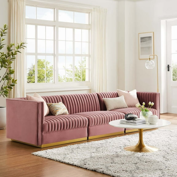 Modway Sanguine Channel Tufted Performance Velvet 3-Seat Modular Sectional Sofa in Dusty Rose