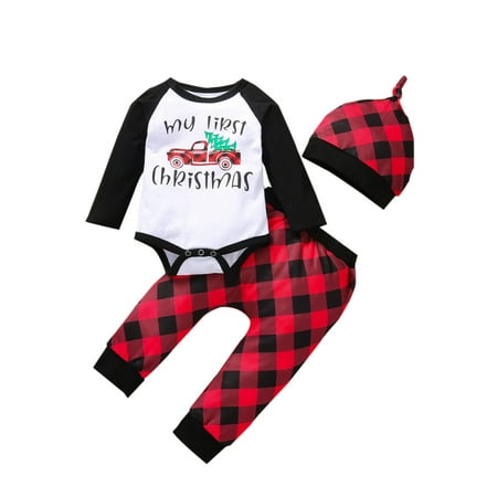 

TheFound Newborn Baby Boys Girls My First Christmas Clothes Letter Print Long Sleeve Romper Plaid Trousers Hat Set