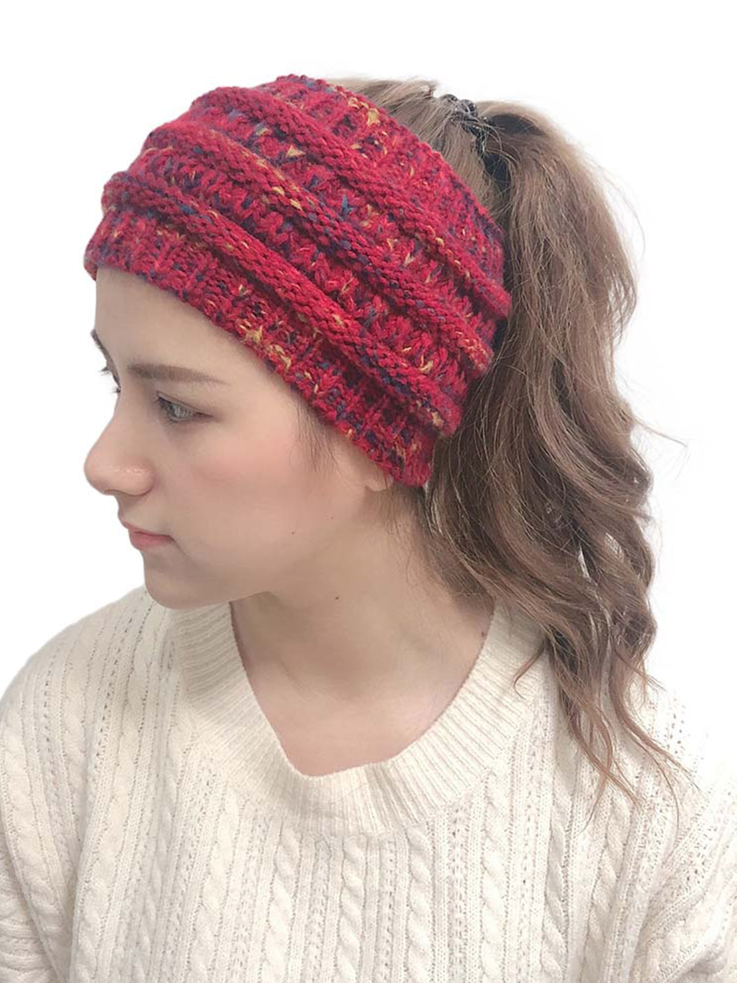 Women Girl Knit Hat Beanie Ponytail Messy Bun Warm Knitted Crochet Cap Hairband 