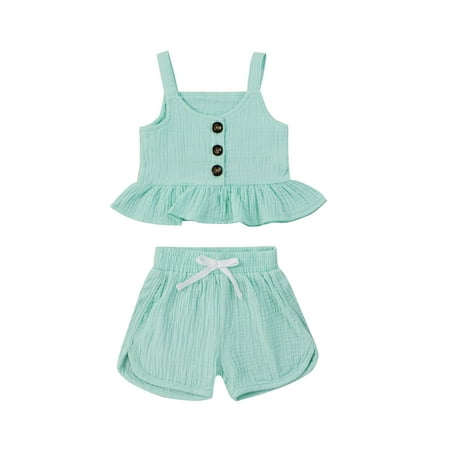 

BIZIZA Baby Girl Outfit Cute Cami Top Sleeveless Solid Color Summer 2-Piece Shorts for 6M-4Y Child Green 90