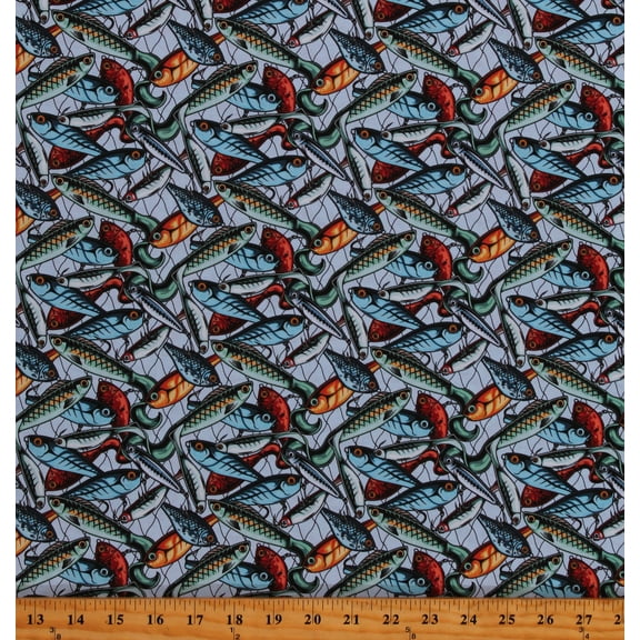 Cotton Fishing Lures River Tackle Bait Hooks Fishing Gear Blue Cotton Fabric Print by the Yard (114795)