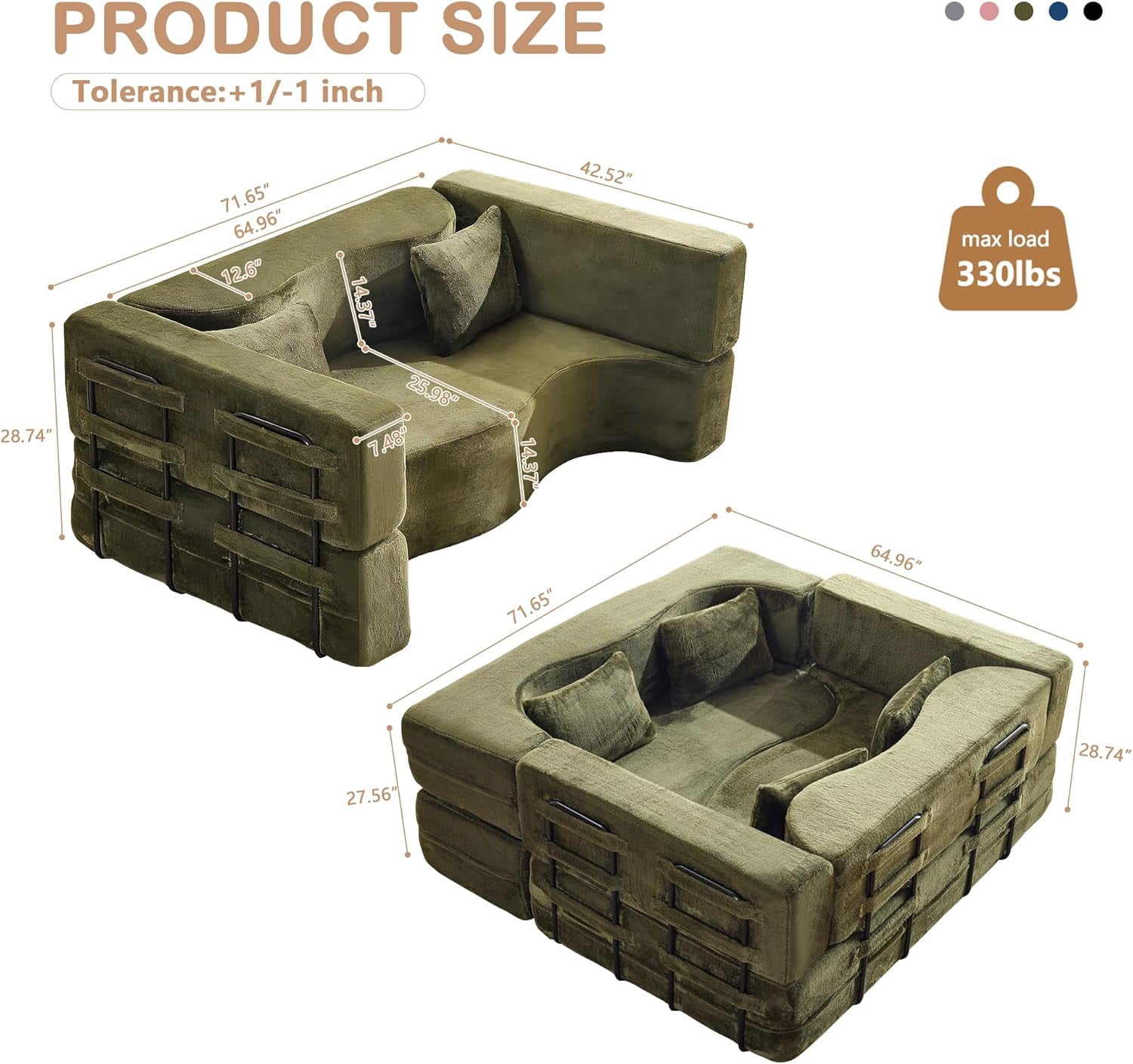LUCKHAO Modern Foam Teddy Fabric Convertible and Oversized Sleeper Sofa Bed Loveseat with 2 Pillows, Green