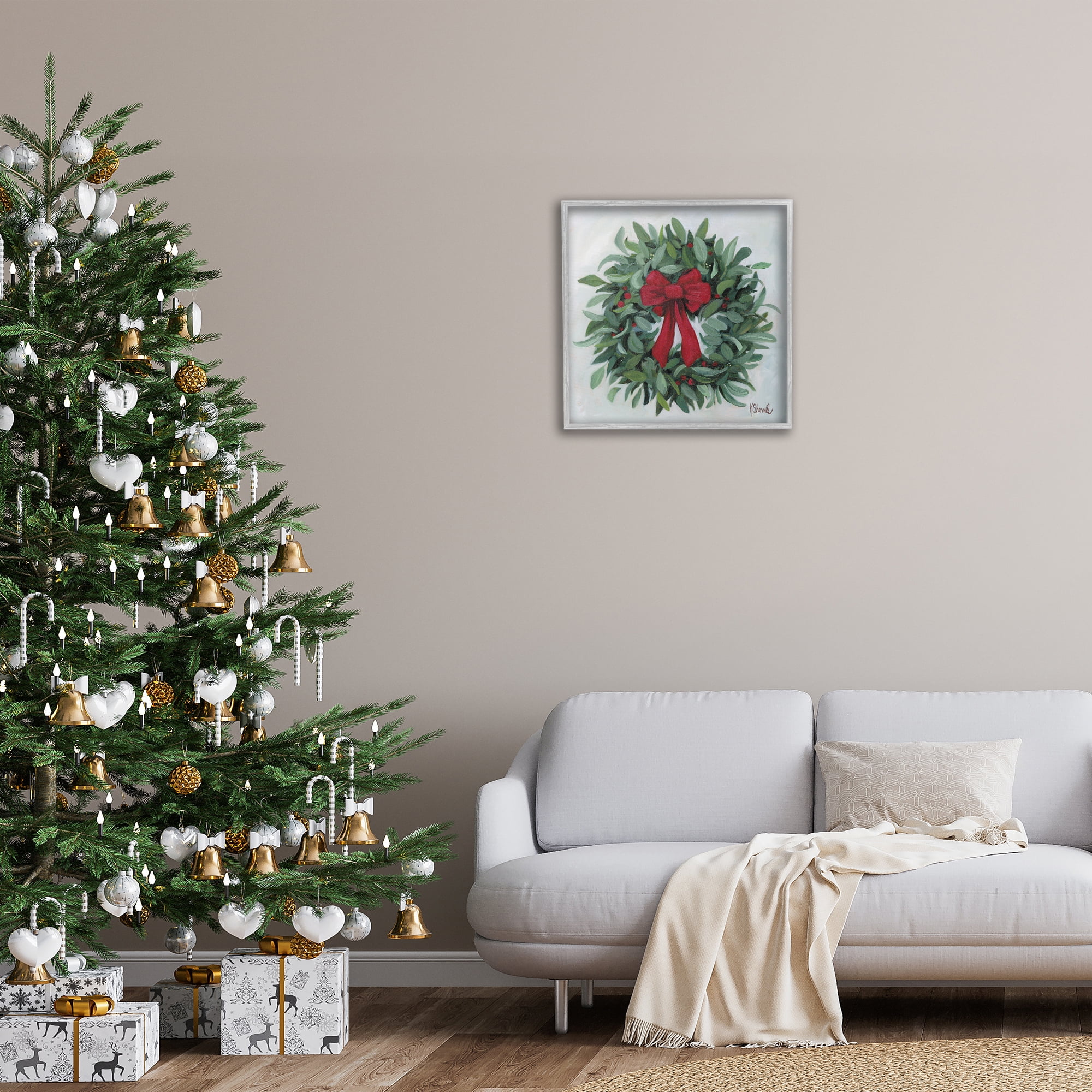 Stupell Industries Wreath with Red Bow Holiday Painting Gray Framed Art Prints Wall Art, 24 x 24