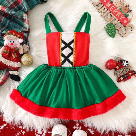 Girls Christmas Dresses Crew Neck A-Line Halter Girls Winter Dresses Girls Outfits Girls Holiday Dresses 3-6 Months