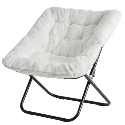 White Oversized Square Moon Chair, Soft Faux Fur Folding Lounge Chair
