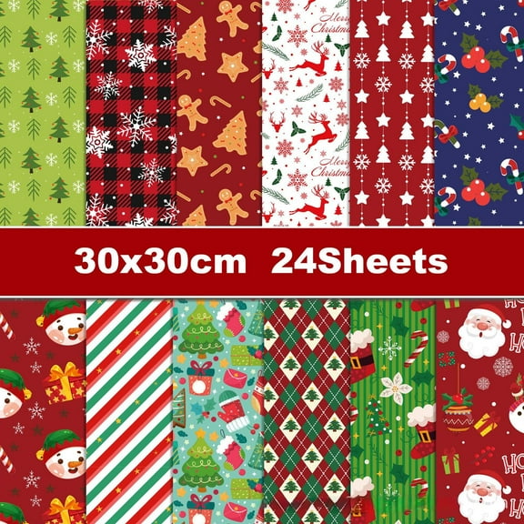 24 Sheets Christmas Scrapbook Paper, 12 x 12 Double Sided Xmas Cardstock Origami Craft Paper for Card Making Photo Album Junk Journal Supplies