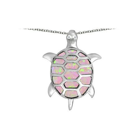Turtle Pendant - Star K Good Luck Turtle Pendant Necklace with Oval Pink Created Opal in Sterling Silver