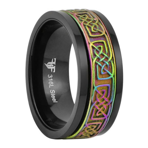 Black Rainbow Celtic Spinner Ring Stainless Steel Meditation Wedding Band Unisex Fantasy Forge Jewelry